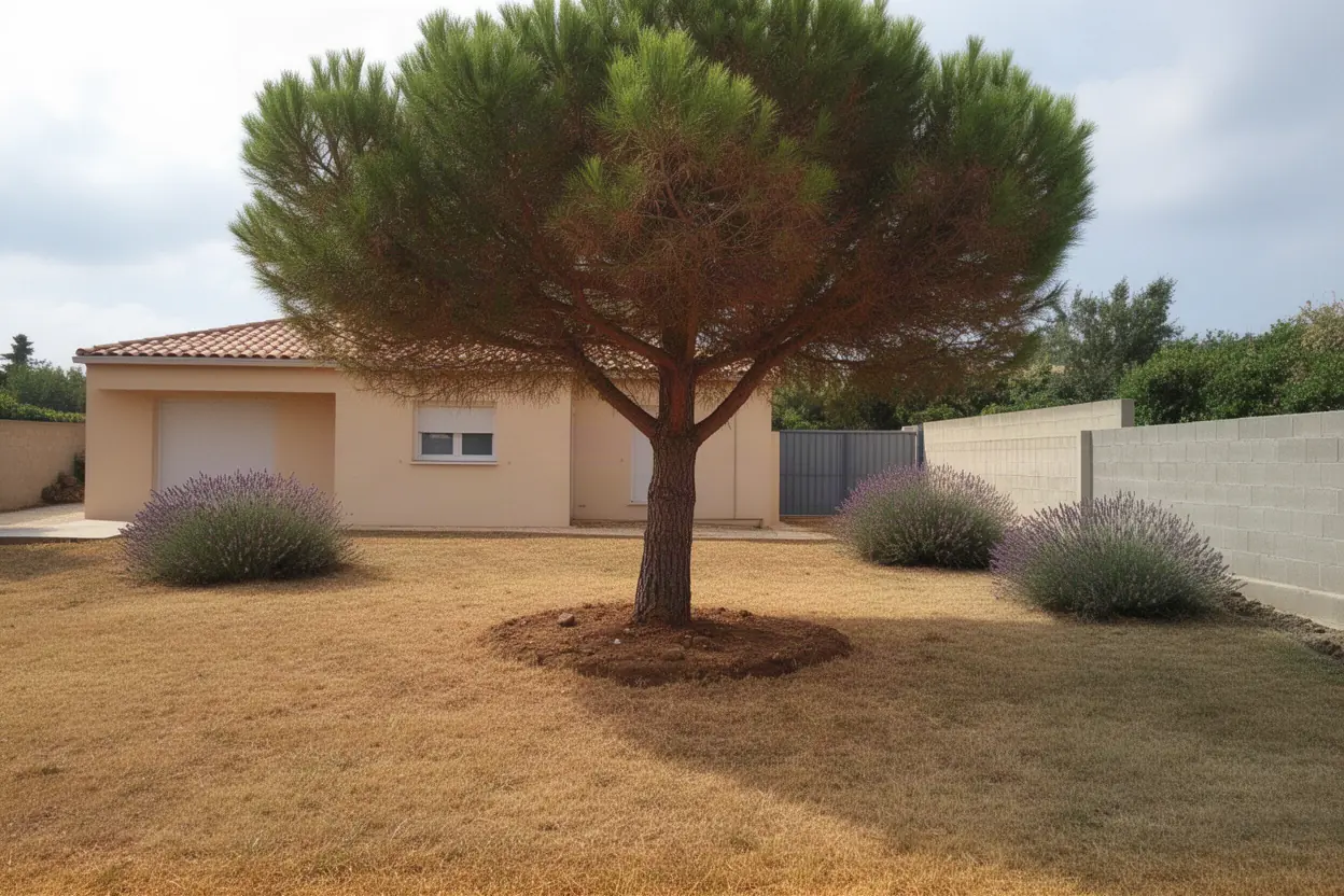 Pin dépérissant avant démontage sécurisé dans un jardin à Afa