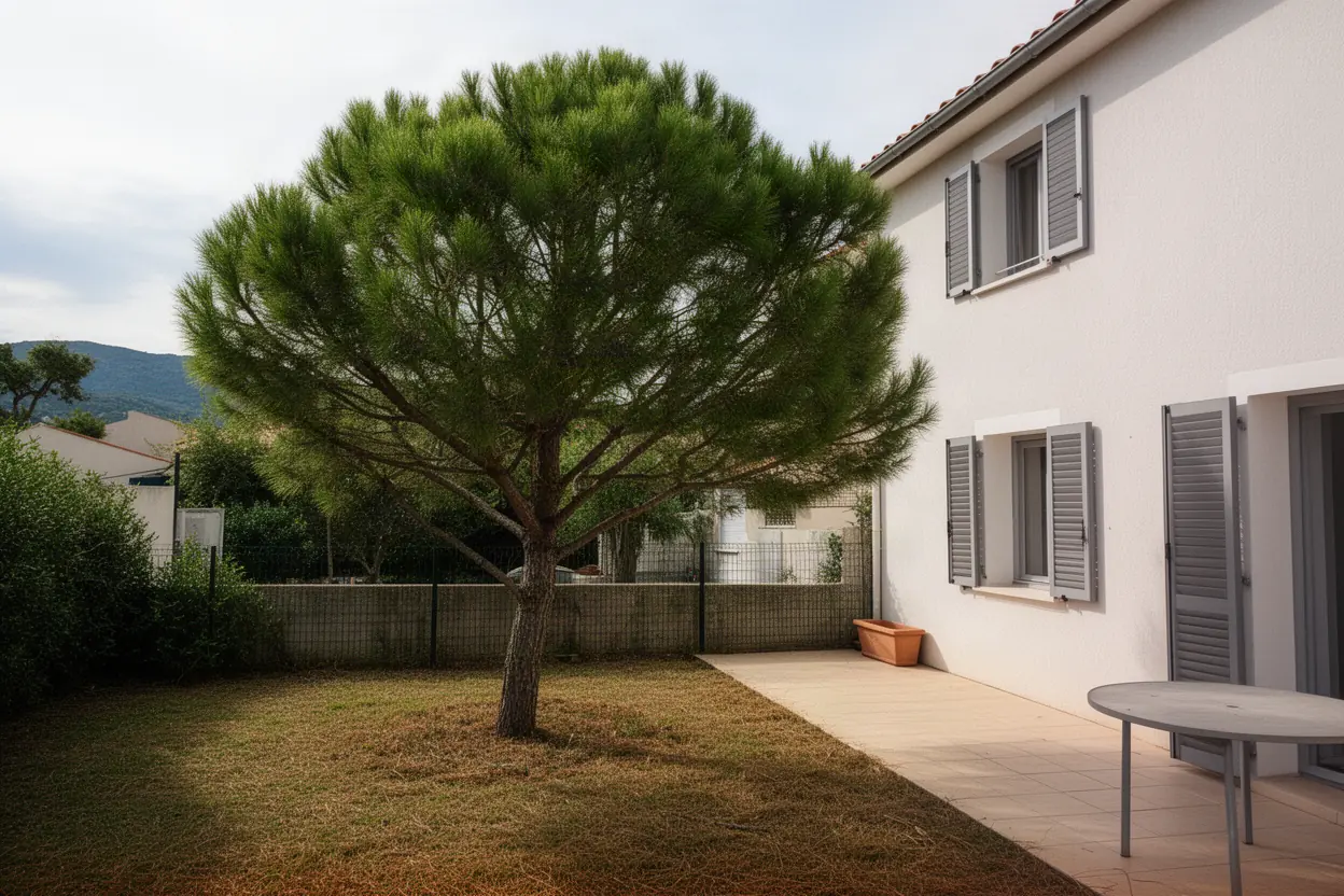 Pin dense avant élagage sur terrasse à Ajaccio