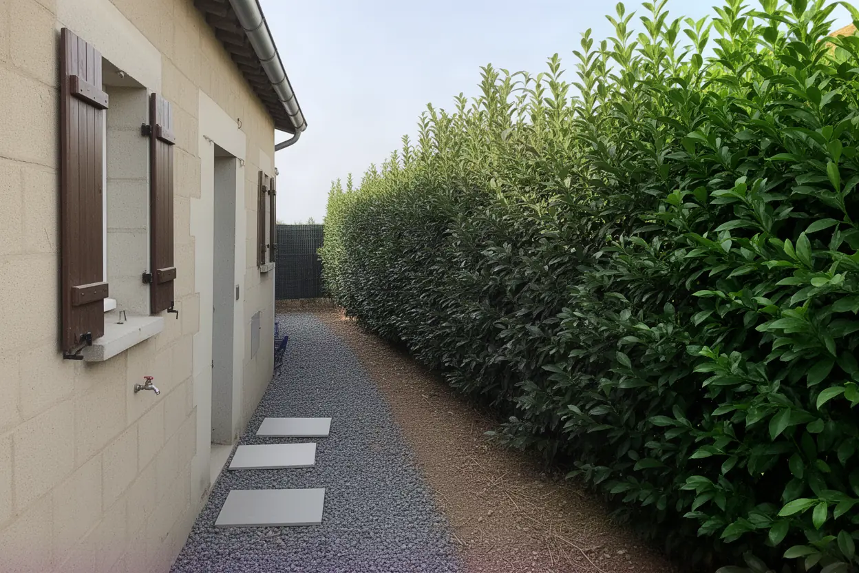 Passage envahi par une haie avant taille à Afa