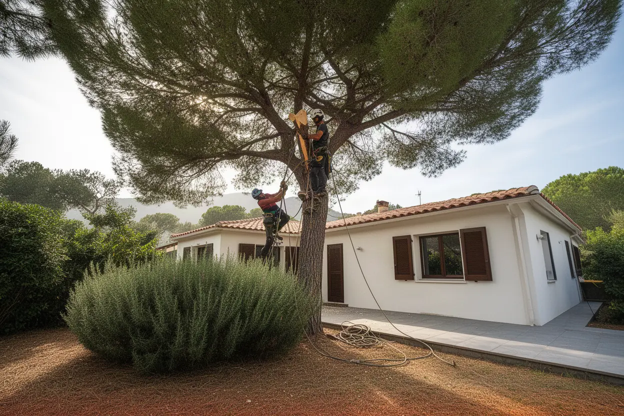 Élagueur taillant un pin adulte à Ajaccio