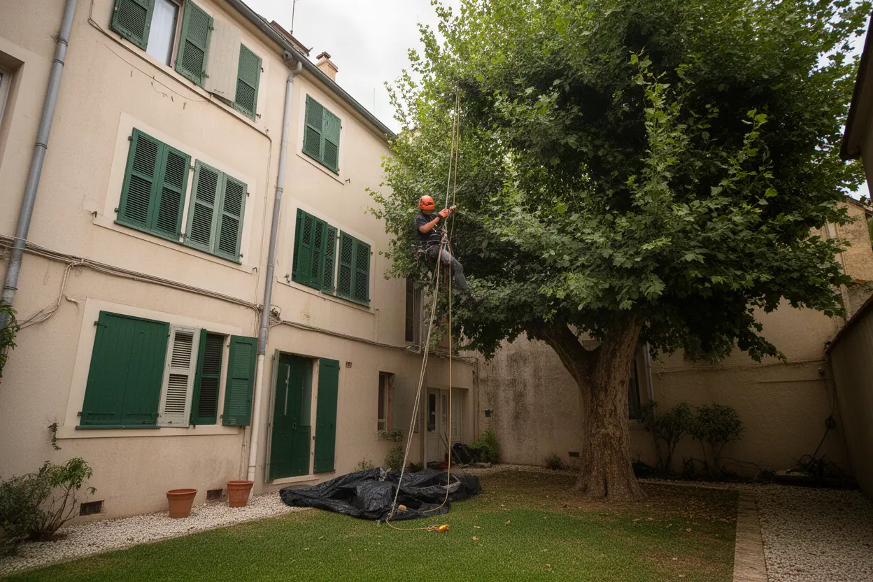 Élagueur grimpeur sur cordes dans un pin à Propriano